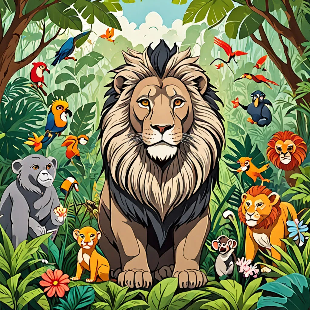 a lion surrounded by many different animals in a jungle setting with trees and flowers around it, with a blue sky in the background, sumatraism, a storybook illustration, Chris LaBrooy, jungle