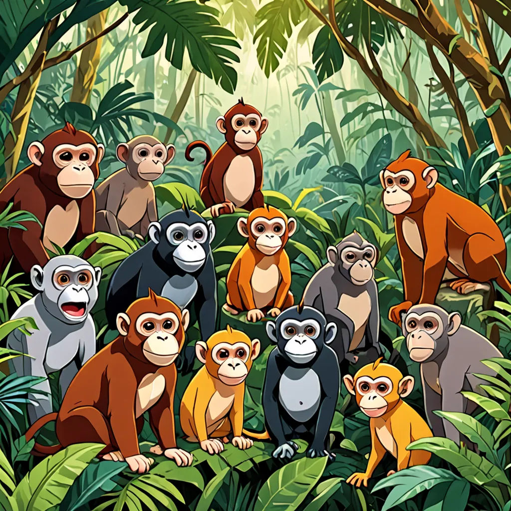 a group of monkeys in the jungle with trees and plants behind them, with a sunbeam in the background, sumatraism, a poster, Alex Petruk APe, promotional image