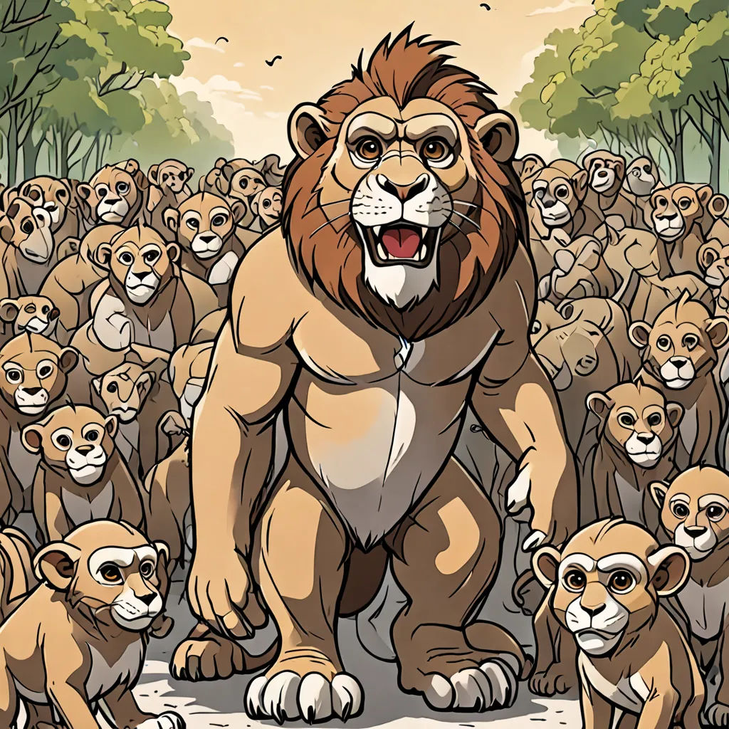 a lion standing in front of a large group of smaller lions in a forest with trees and bushes in the background, furry art, a comic book panel, Chris LaBrooy, furaffinity