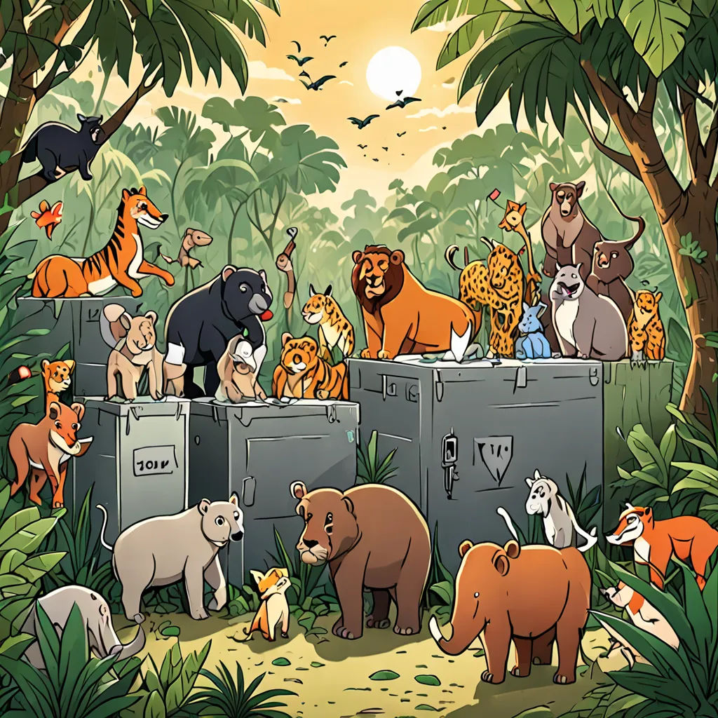 a painting of a group of animals in a jungle setting with a sun in the background and a forest scene with trees and bushes, furry art, a storybook illustration, Chris LaBrooy, furaffinity