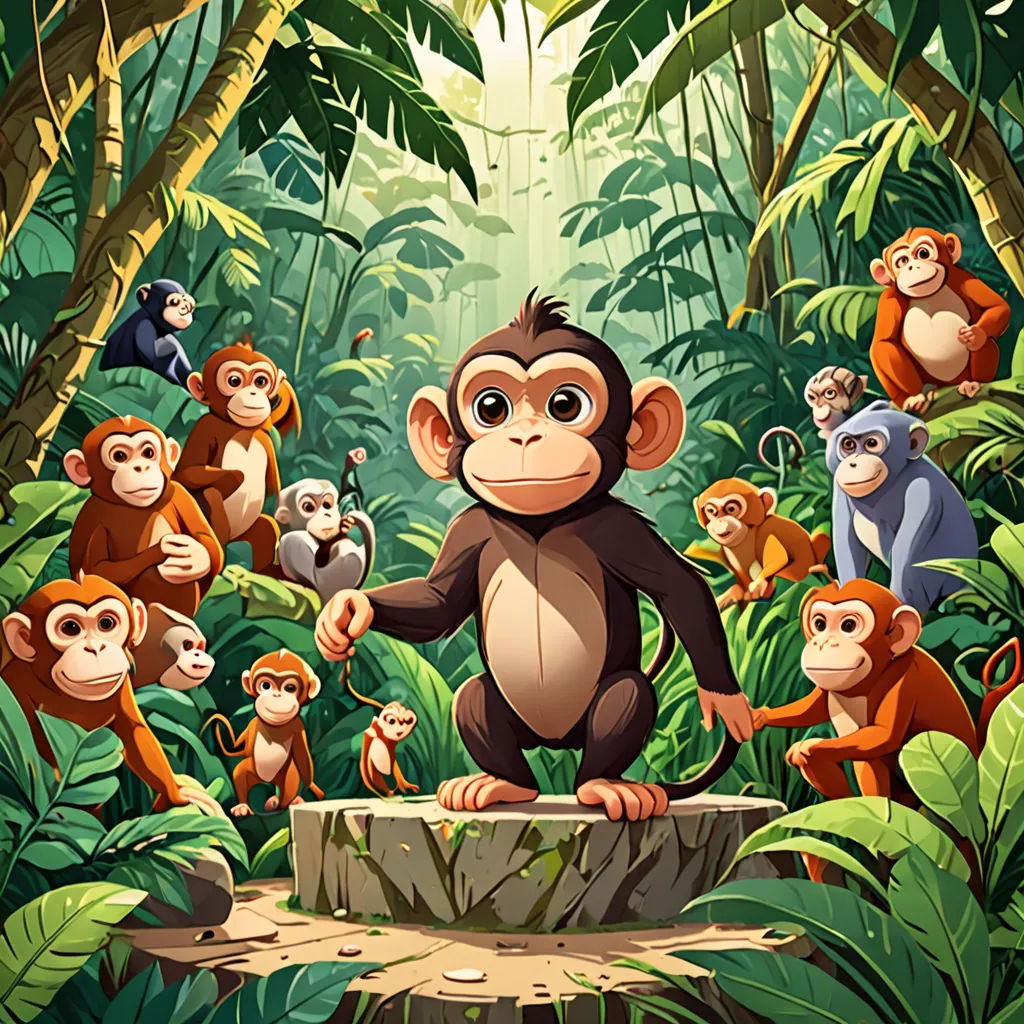 a group of monkeys in the jungle with a man on a log in front of them and a group of other monkeys in the background, sumatraism, a storybook illustration, Chris LaBrooy, jungle