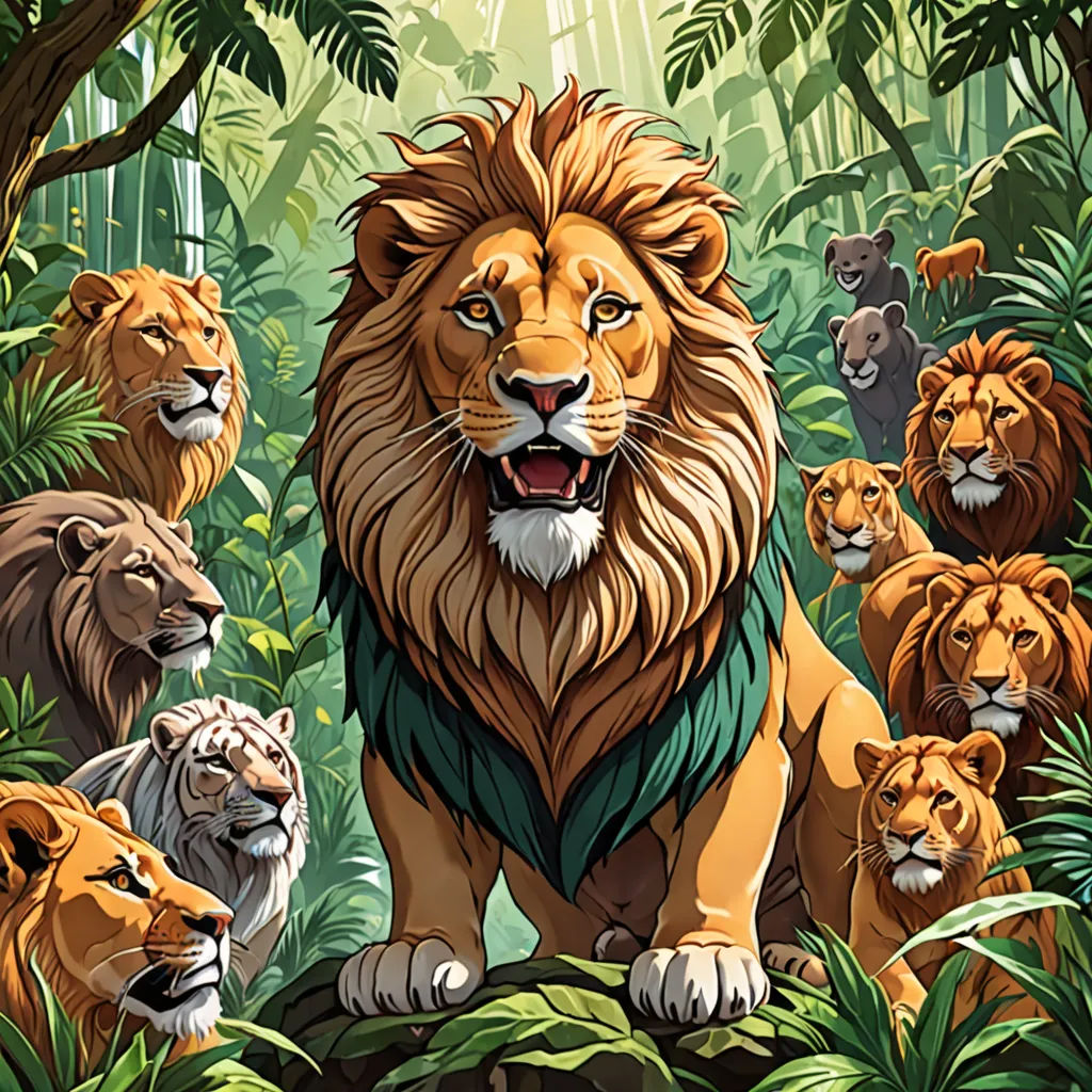 a group of lions in the jungle surrounded by trees and plants, with a lion's face on the right side of the image, sumatraism, a poster, Chris LaBrooy, poster