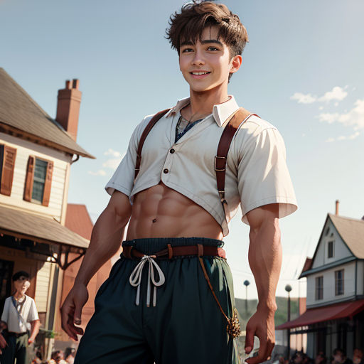 a man with a suspender and a shirt on is standing in front of a house with a crowd