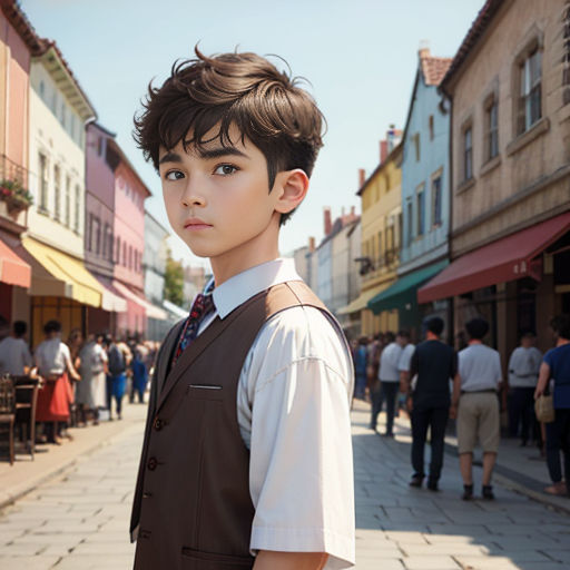 a boy in a vest and tie standing on a street corner in front of a crowd of people and buildings