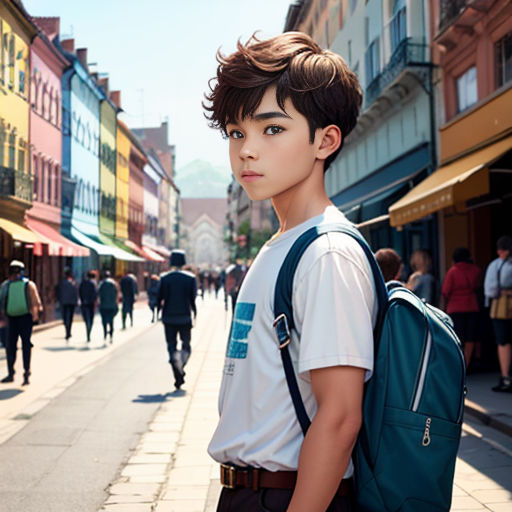 a boy with a backpack standing on a street corner in a city with people walking around him and buildings in the background