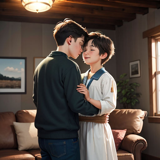 a man and a woman standing in a living room together, embracing each other and smiling at each other