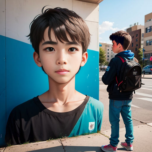a boy standing next to a blue wall with a backpack on his back and a boy standing next to him