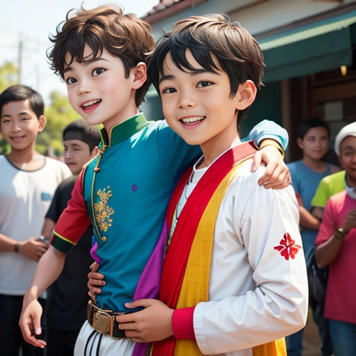 two children are hugging each other in front of a group of people in a building with a green roof