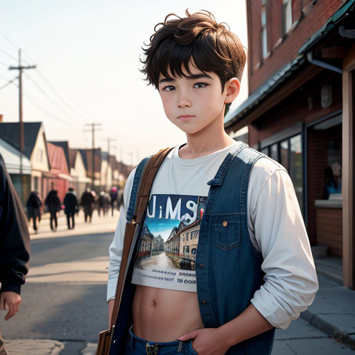 a boy with a shirt on standing on a street corner with a bag in his hand and a shirt on his chest