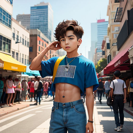 a boy with a shirt on walking down a street with a crowd of people in the background and a man with a backpack on his head