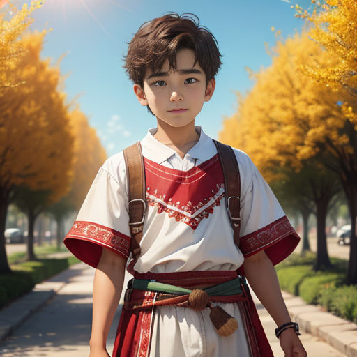 a boy in a costume is standing on a sidewalk with a backpack on his back and a backpack on his shoulder