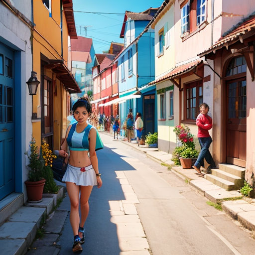 a woman walking down a street next to a building with a blue door and a woman in a blue top