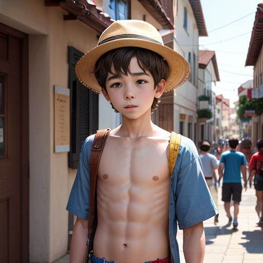 a boy with a hat and no shirt on walking down a street with a backpack on his back and a backpack on his shoulder