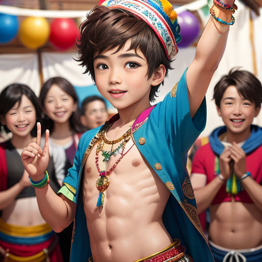 a boy in a costume with a crown on his head and other people behind him and a banner with balloons