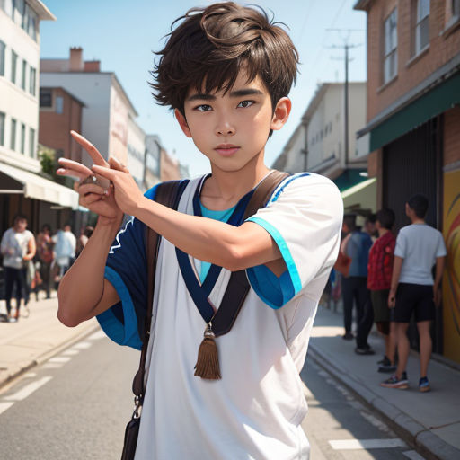 a boy is standing on the street pointing at something with his hand and a camera around his neck and a group of people standing on the side of the street