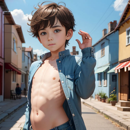 a boy with no shirt on posing for a picture in a street with houses in the background and a blue sky
