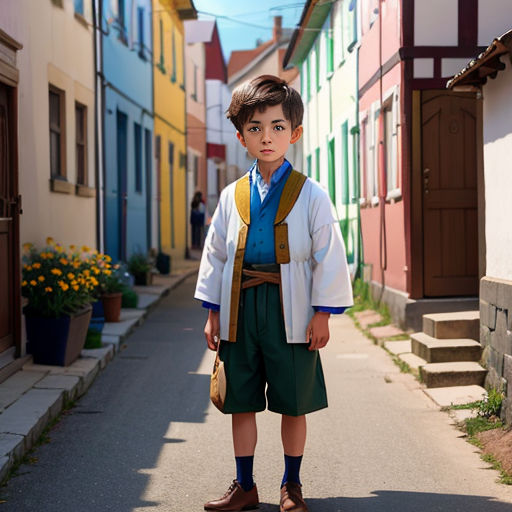 a young boy in a traditional chinese outfit standing in a narrow street in a small town with colorful houses