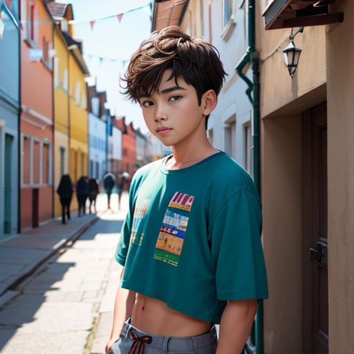 a boy standing on a sidewalk in front of a building with a green shirt on and a blue shirt on