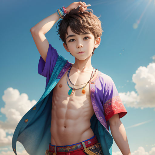 a boy with a shirt on and a necklace on his neck and a shirt on his shoulders, standing in the sun
