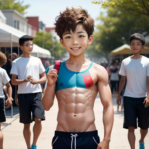 a young boy with a shirt on and no shirt on standing in front of a group of young boys