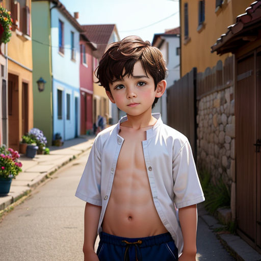 a boy without a shirt standing on a street with a shirt on and a shirt on his chest and shirt off