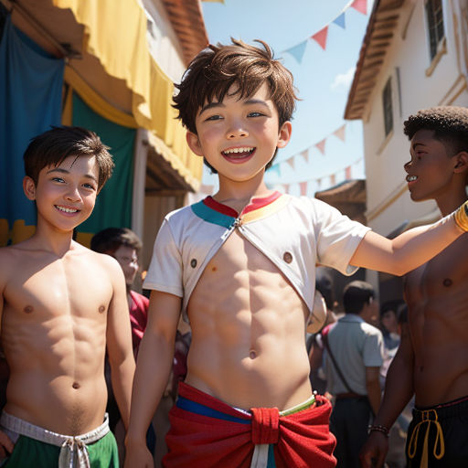 a group of young men standing next to each other on a street with a boy in a shirt on his chest