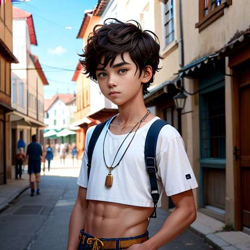 a boy with a backpack standing in a narrow street in a town with buildings and people walking by him