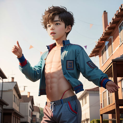 a boy with no shirt on standing in a street with houses in the background and a kite flying in the air