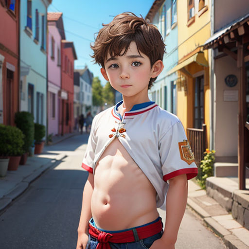 a boy with no shirt on standing in the street with his shirt on and his shirt off, with a medal around his neck