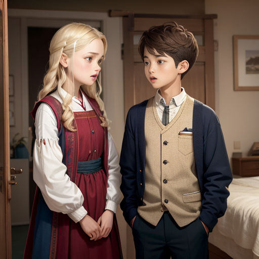 a boy and a girl standing in a room with a bed and a door in the background, looking at each other