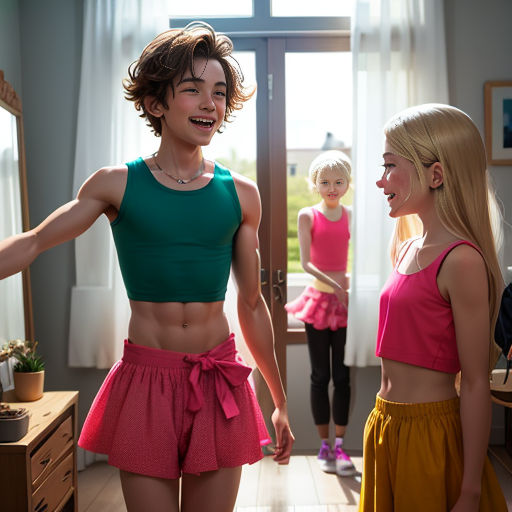 a woman in a green top and pink skirt standing next to a girl in a pink top and yellow skirt