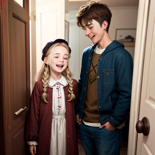 a boy and a girl standing in a doorway smiling at each other and laughing at each other with a door open