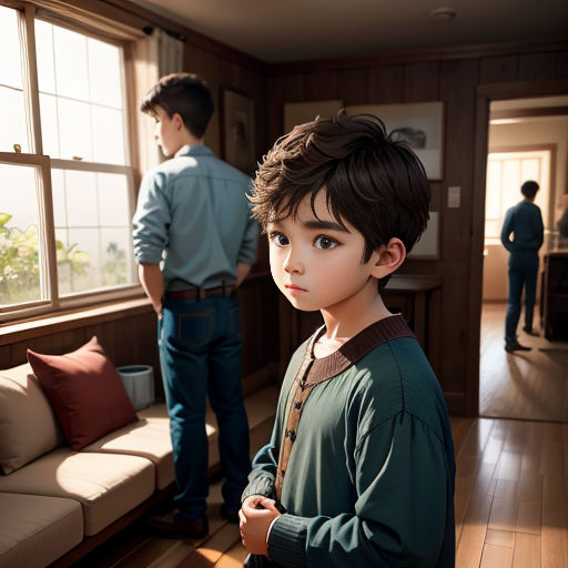 a young boy standing in a living room next to a couch and a man in a blue shirt standing next to a couch