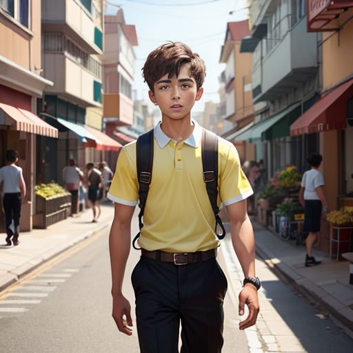a man walking down a street with a backpack on his back and a yellow shirt on his shirt and a black backpack