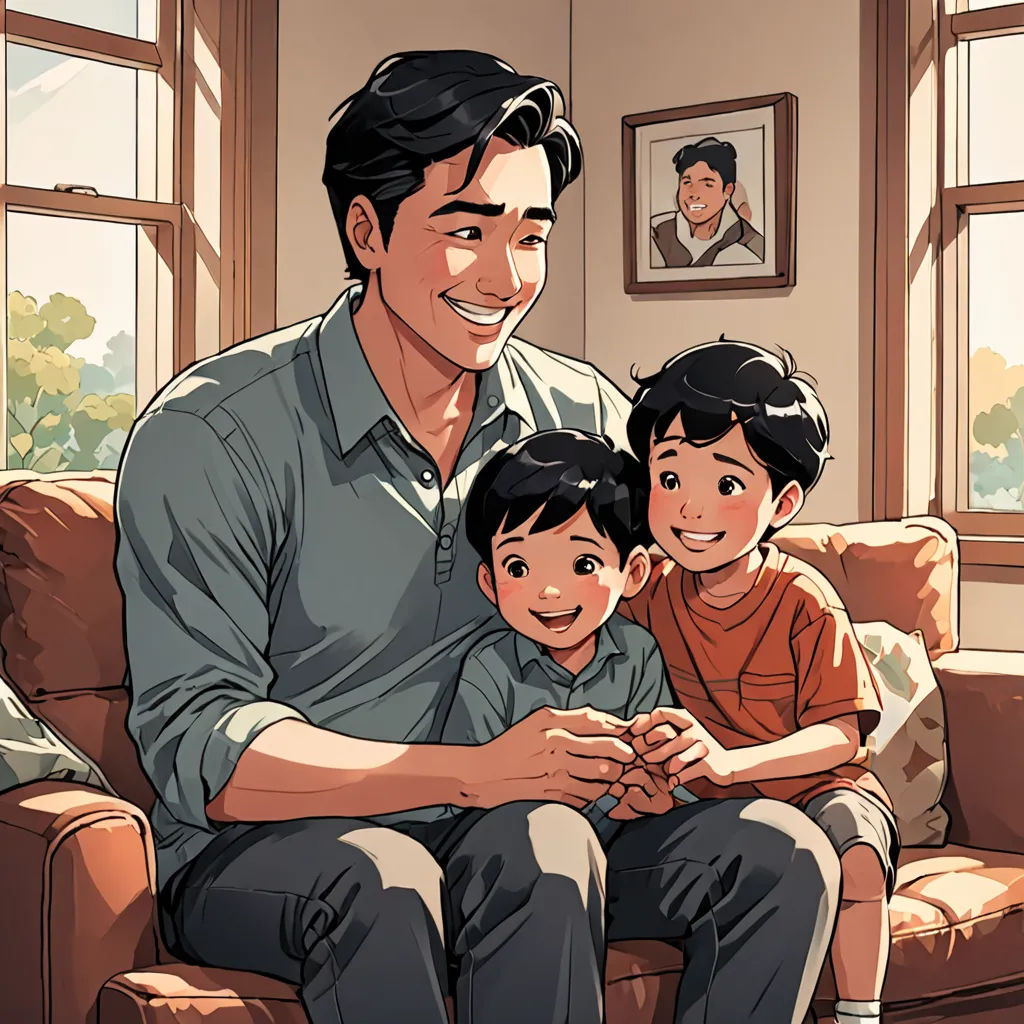 a man sitting on a couch with two children in front of him and a picture of a man on the wall behind him, David Park, context art, a comic book panel, comic cover art