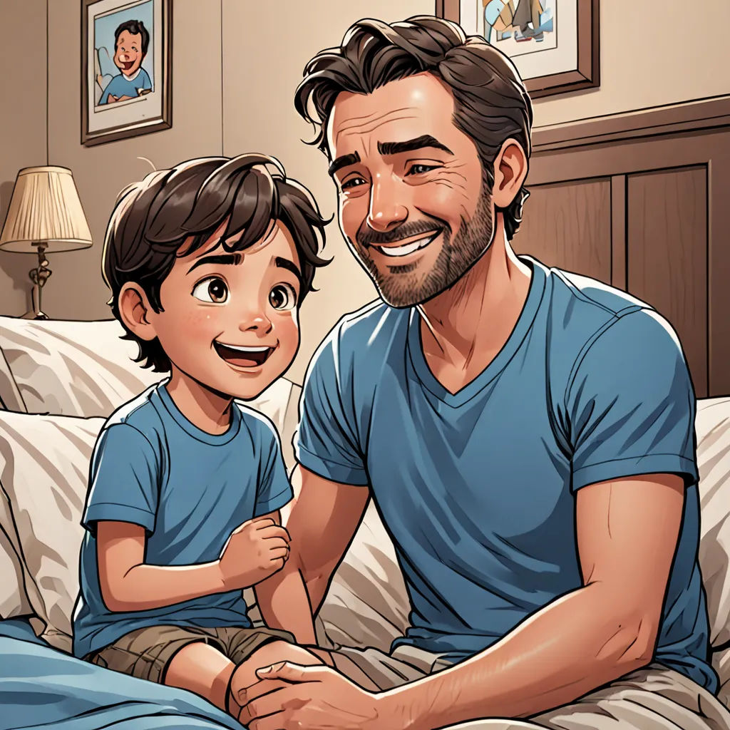 a man and a child sitting on a bed together in a bedroom with a picture of a man and a child on the wall, Aaron Jasinski, dada, a comic book panel, comic cover art