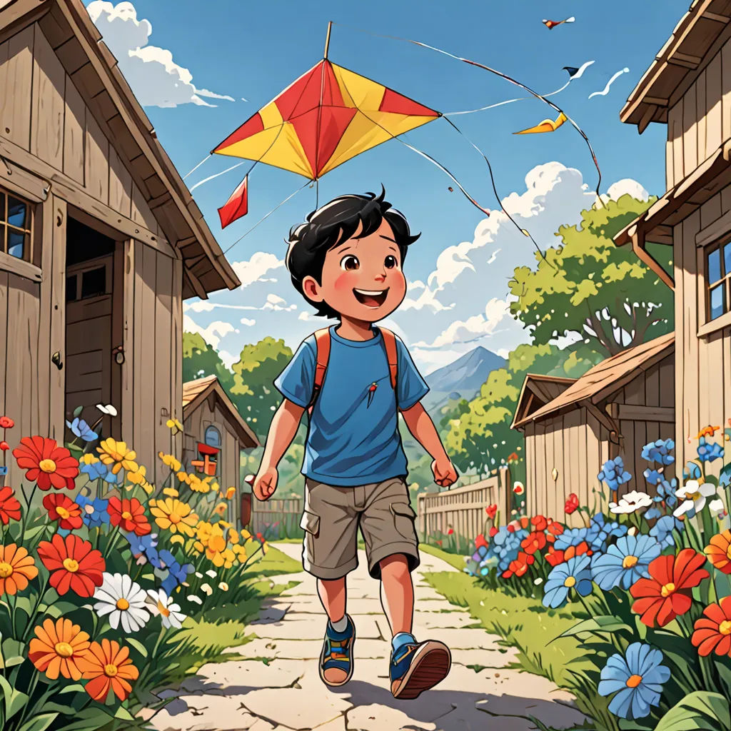 a boy is flying a kite in a garden of flowers and flowers on a path between two buildings and a path, Aaron Jasinski, american scene painting, a storybook illustration, official art