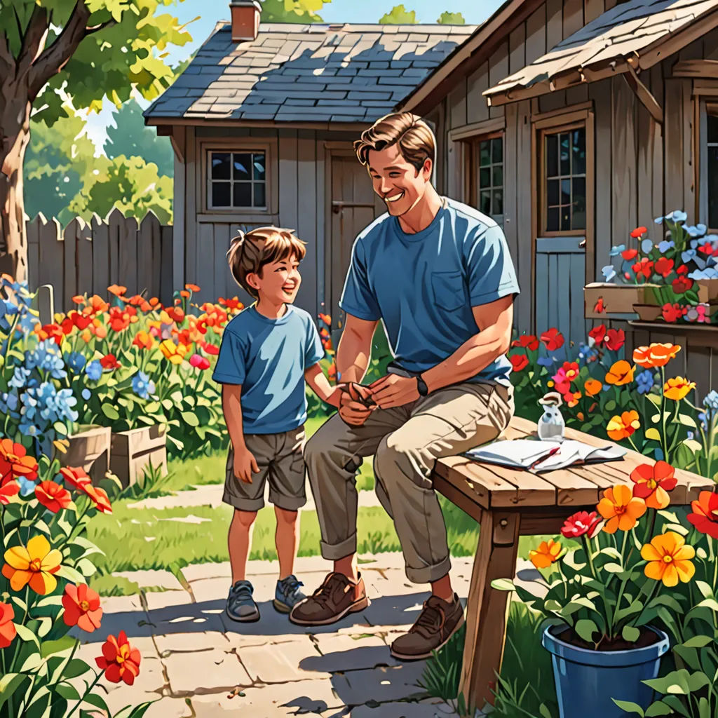 a man and a boy are sitting on a bench in a garden with flowers and a house in the background, Brothers Hildebrandt, american scene painting, a storybook illustration, official art