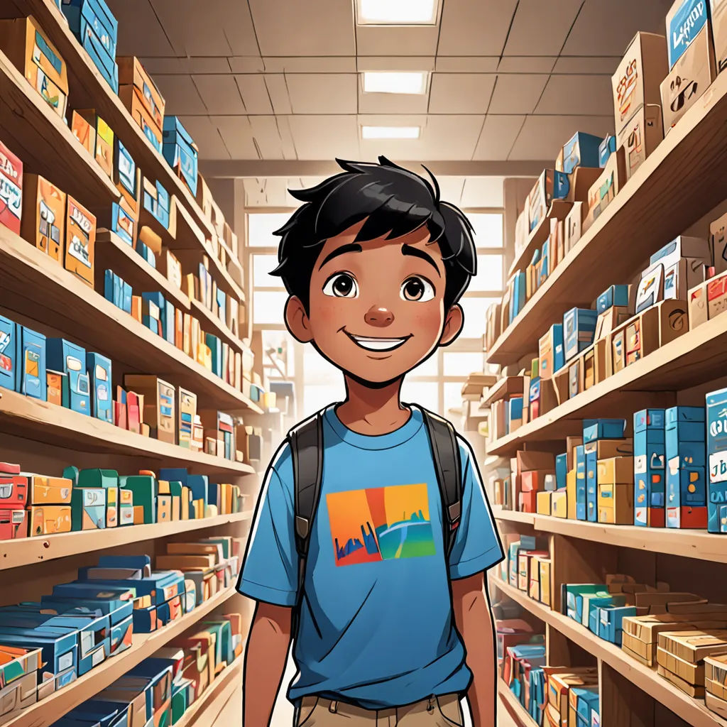 a cartoon boy standing in a store aisle with a backpack on his shoulder and a smile on his face, Eddie Mendoza, process art, a storybook illustration, comic cover art