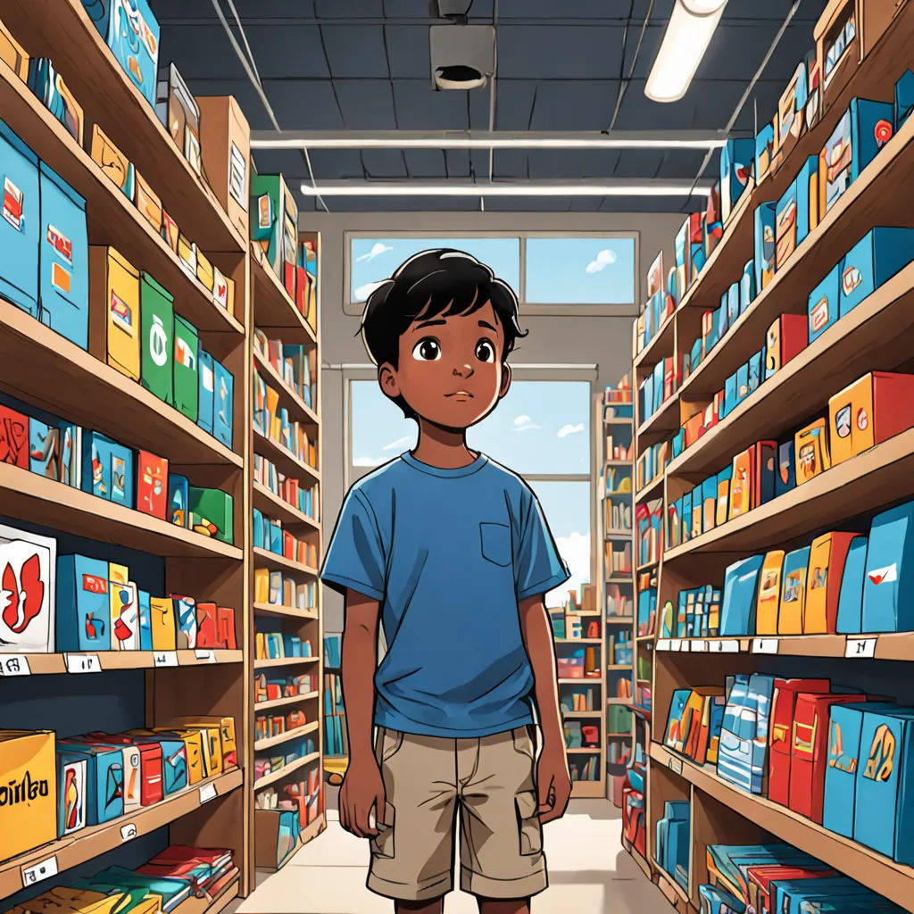 a boy standing in a store aisle with a book shelf full of books behind him and a cartoon of him, Asaf Hanuka, american realism, a storybook illustration, comic cover art