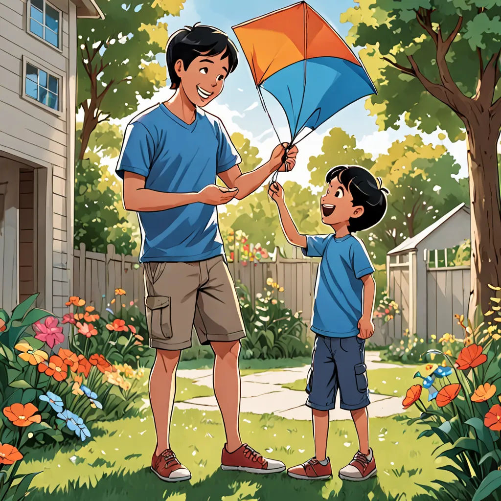 a man holding a kite next to a little boy in a yard with flowers and trees in the background, Cliff Childs, american scene painting, a storybook illustration, promotional image