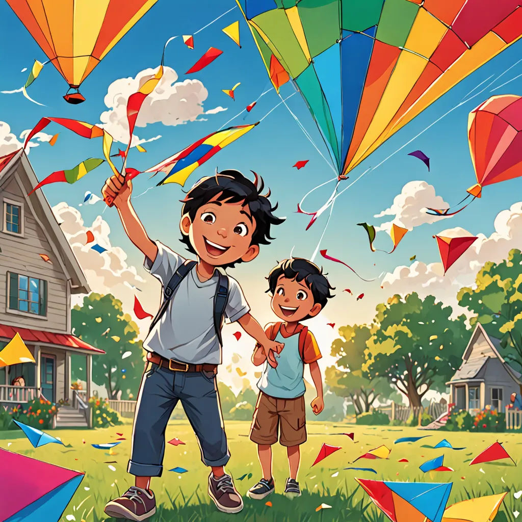 a boy and a boy are flying kites in the park together, with a house in the background, Diego Gisbert Llorens, american scene painting, a storybook illustration, official art
