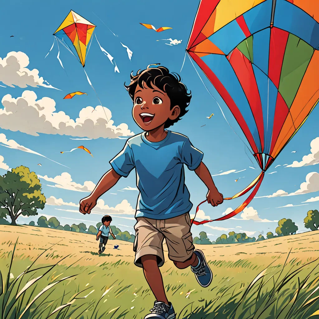 a boy running with a kite in the sky above him and a boy running with a kite in the grass behind him, Aaron Jasinski, american scene painting, a storybook illustration, comic cover art