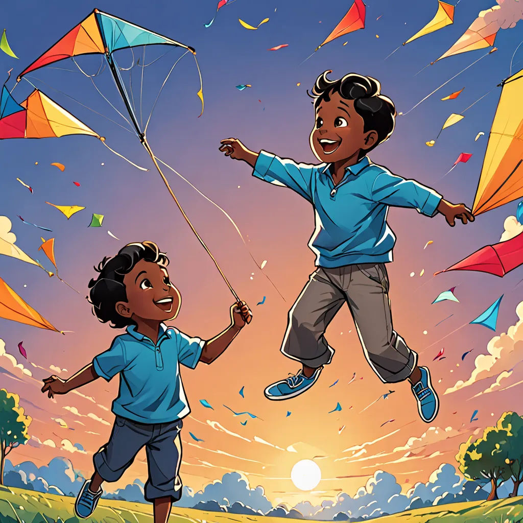 a boy and a boy are flying kites in the sky together, with the boy holding the string, Brothers Hildebrandt, hurufiyya, a storybook illustration, comic cover art
