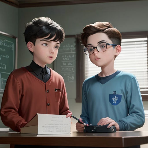 a boy and a girl standing in front of a desk with a calculator and a book on it