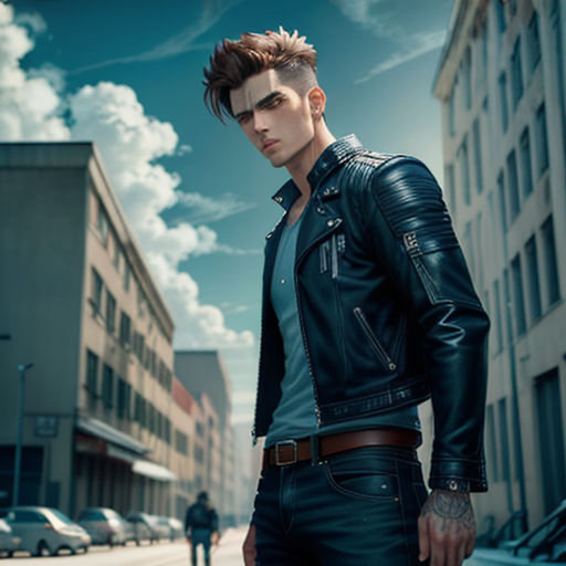a man in a leather jacket standing on a street corner with a sky background and clouds in the background