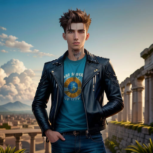 a man in a leather jacket standing in front of a building with a view of the city behind him