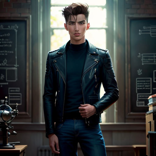 a man in a black leather jacket standing in a room with a window and a clock on the wall