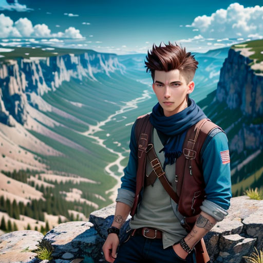 a man with a backpack sitting on a rock looking at the camera with a mountain valley in the background