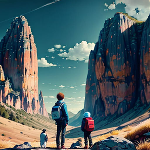 a group of people standing on top of a mountain next to a river and a mountain range with a sky background